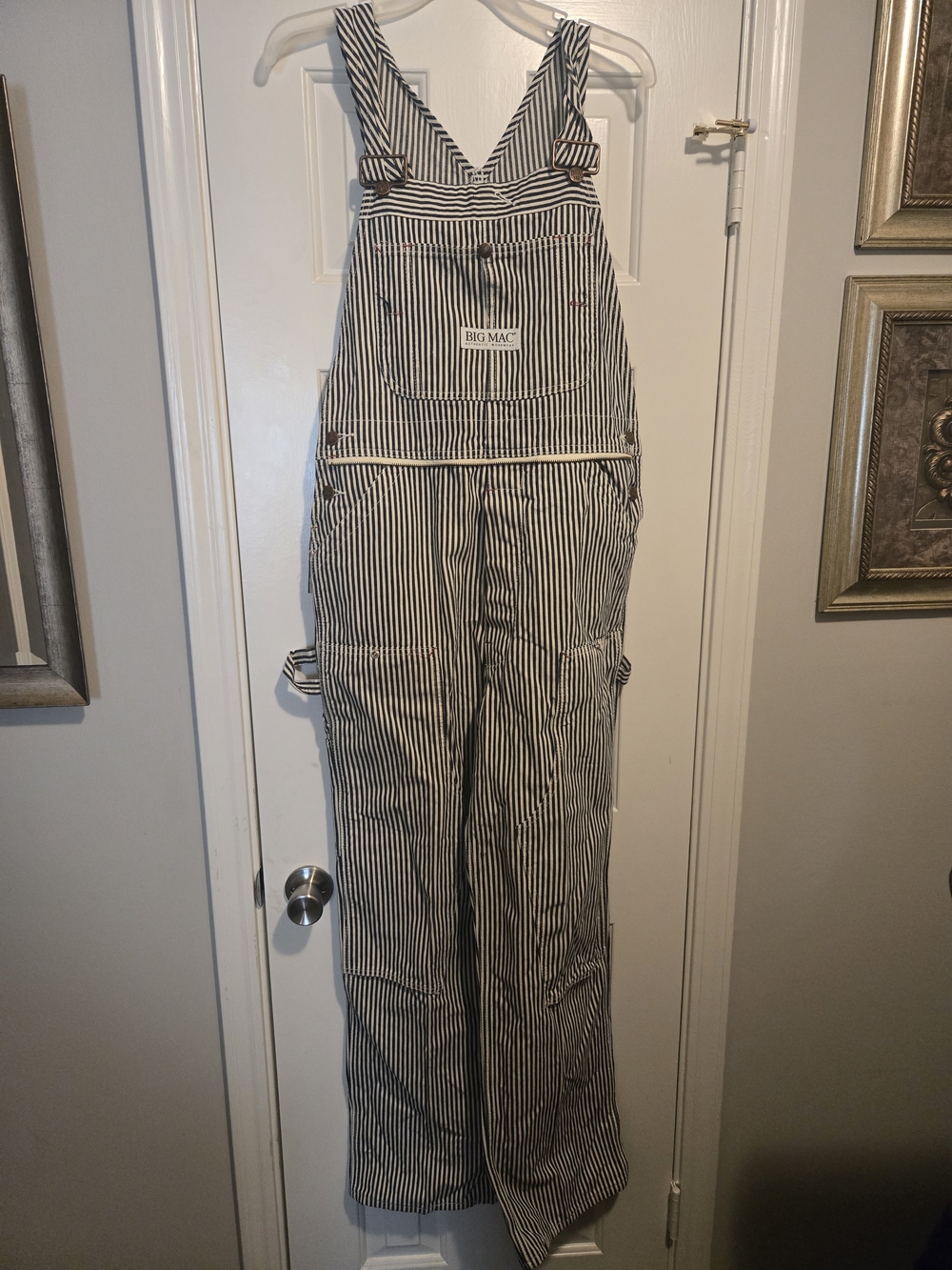 Men's Striped Blue & White Overalls with Adjustable Straps - Picture 3 of 6